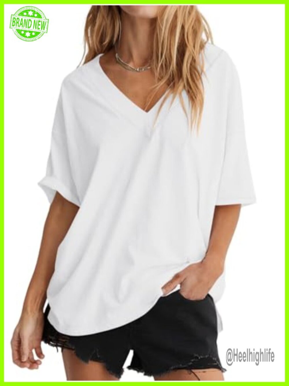 Oversized V Neck Ribbed Trim Short Sleeve Tee